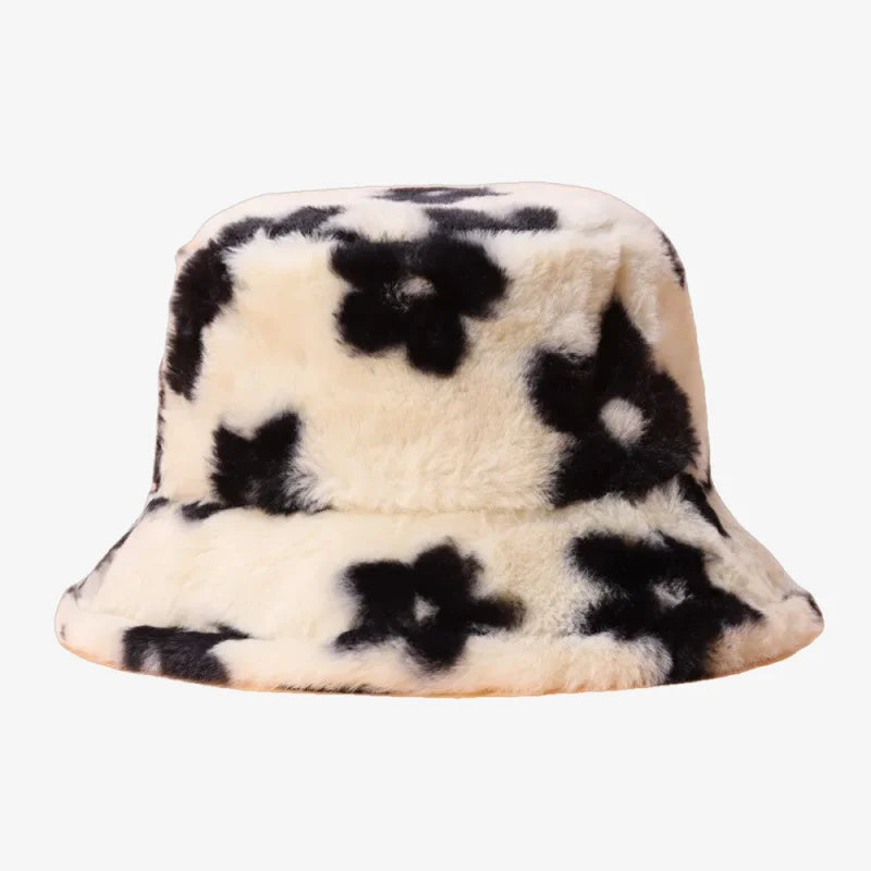 Flowered Fur Bucket Hat Black