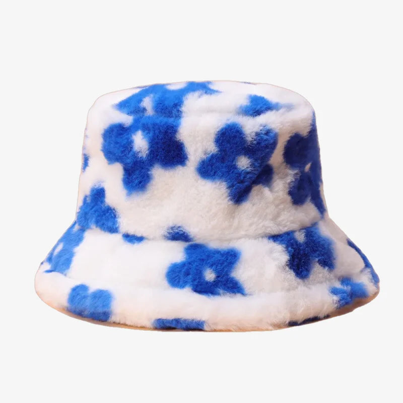Flowered Fur Bucket Hat Blue