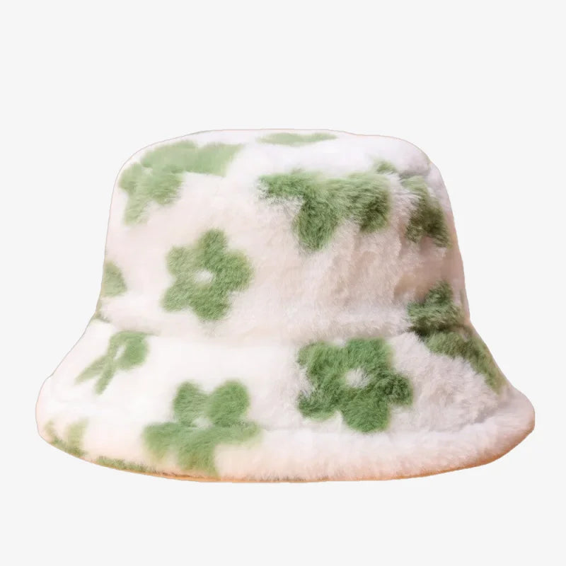 Flowered Fur Bucket Hat Green