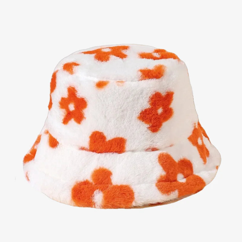 Flowered Fur Bucket Hat Orange