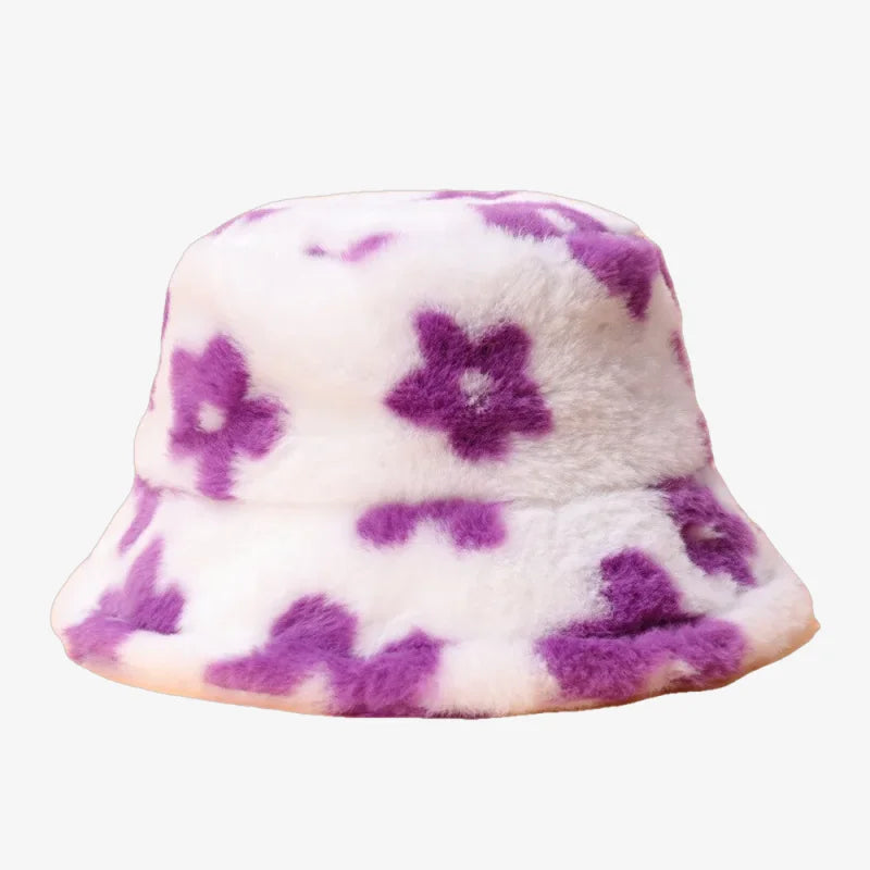 Flowered Fur Bucket Hat Purple